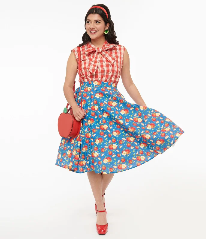 Stretchy skirts for all-day wear comfort -1950s Blue & Red Apple Print Swing Skirt