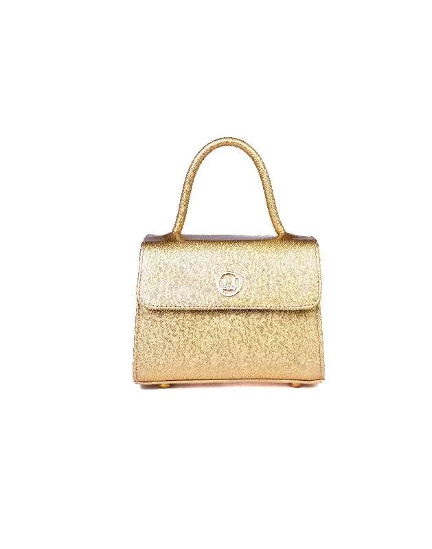 Handle bags with side pockets for organization -Tokyo Micro: Glossy Gold Saffiano Print