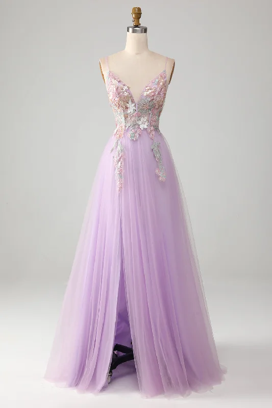 Celtic Dresses with Knotwork -Glitter A-Line Spaghetti Straps Lilac Long Prom Dress with Flowers