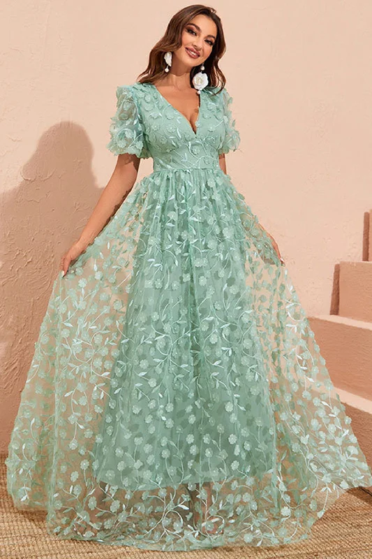 Rhinestone Dresses for Bling -Green A Line Puff Sleeves Prom Dress with Appliques