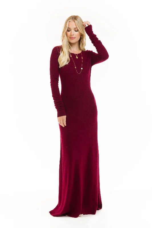 Spandex Dresses for Flexible -CASHMERE MAXI FITTED DRESS BURGUNDY