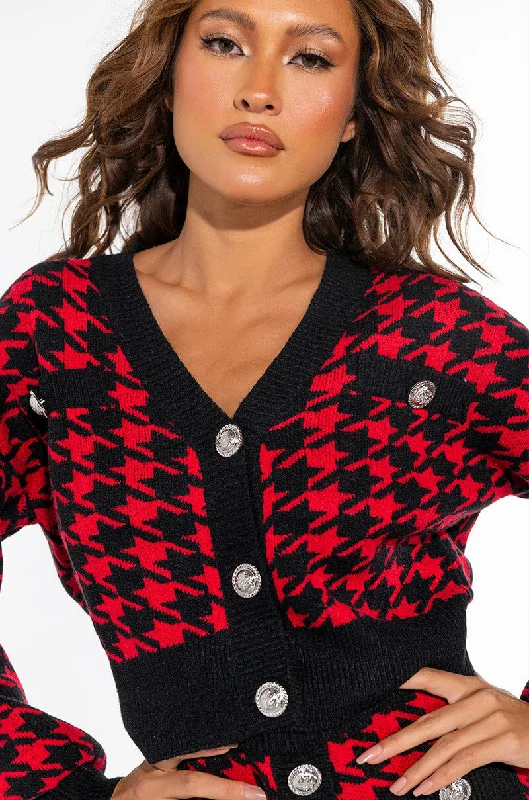 Machine - knitted cardigan for durability -HIGH MAINTENANCE HOUNDSTOOTH CARDIGAN RED MULTI