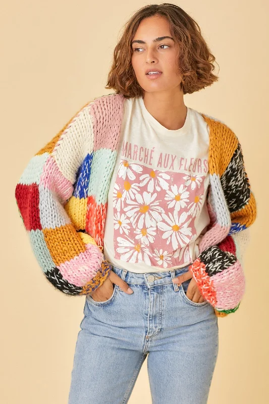 Floral cardigan for a feminine touch -Multicolor Color Block Checkered Thick Knit Cardigan