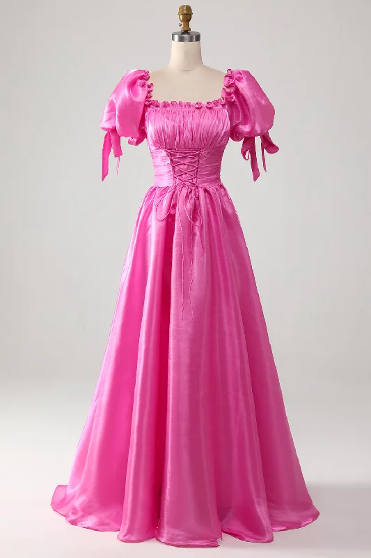 Wedding Dresses for Bridal Look -Puff Sleeves Hot Pink Prom Dress with Ruffles