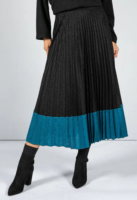 Durable skirts with reinforced seam strength -Soft Feel Fine Knit Pleated Skirt in Black & Teal