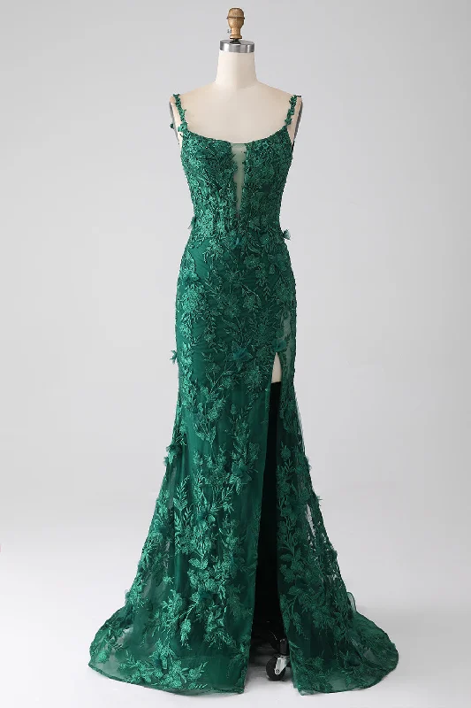 One-shoulder Dresses for Trendy -Dark Green Mermaid Spaghetti Straps Long Prom Dress with Appliques