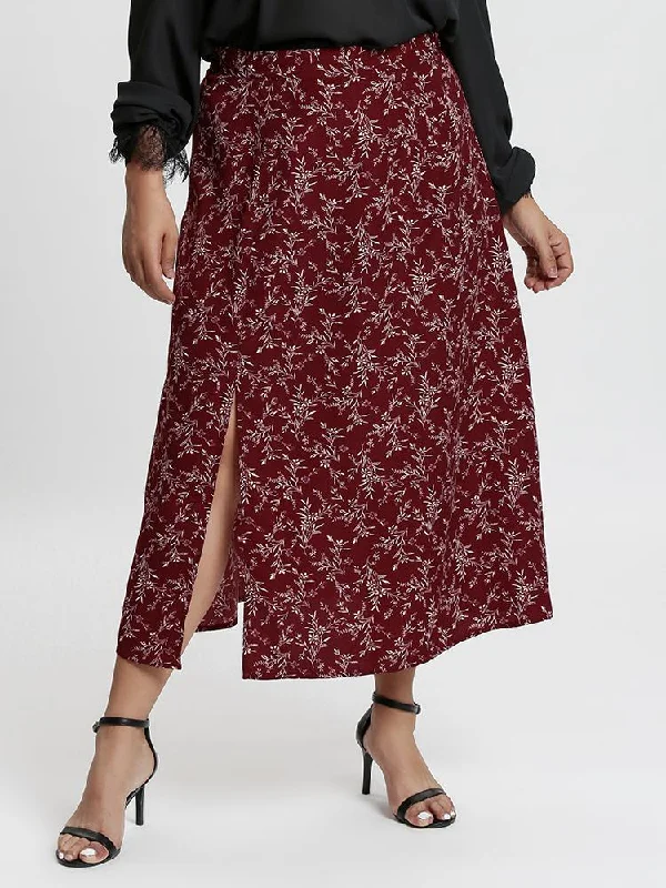 High-waisted pencil skirts for professional office wear -Split Hem Floral Skirt