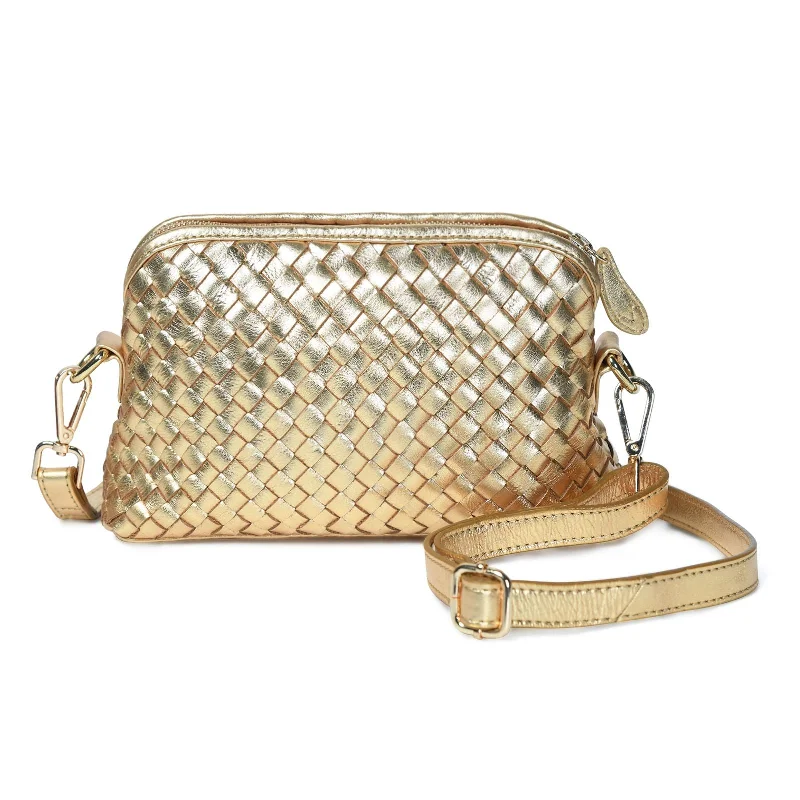 Handle bags with quilted leather for luxury -IRA Hand Woven Crossbody Bag in Dark Gold Metallic Leather