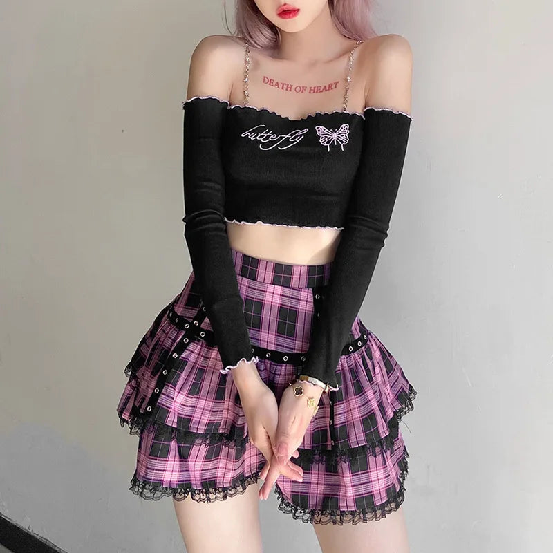 Designer skirts with premium fabric finish -Lolita Cake Gothic Japanese Harajuku Purple Pink Plaid Pleated Skirt