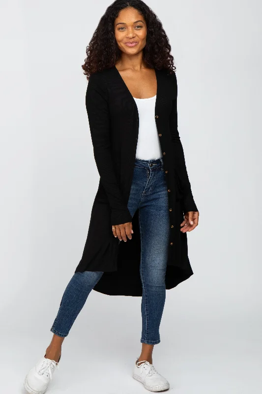 Open - front cardigan for a relaxed look -Black Button Front Knit Cardigan