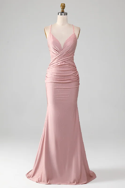 Capri Dresses for Playful -Sparkly Blush Beaded Long Mermaid Prom Dress