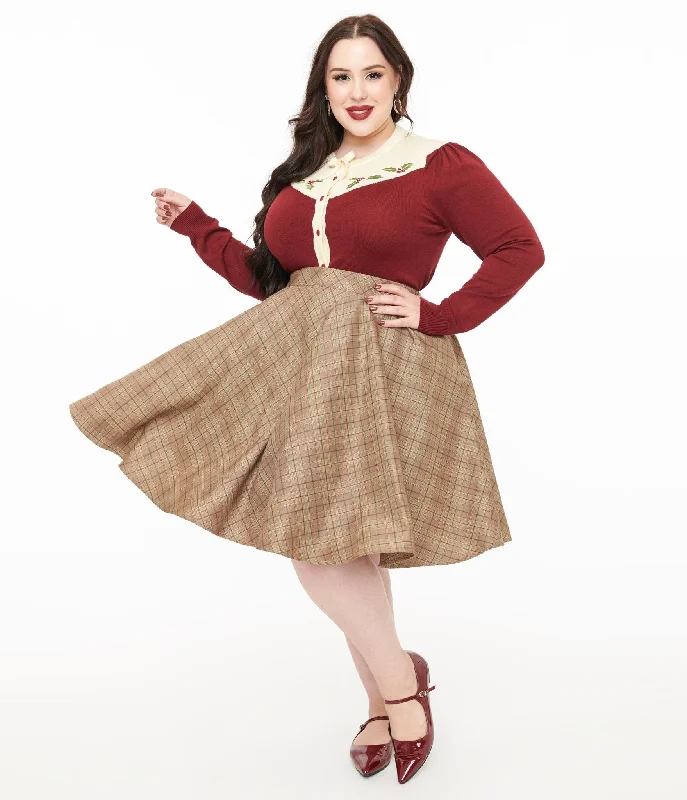 Stretchy mini skirts for flexible movement -Smak Parlour Plus Size 1960s Brown & Green Plaid Scene Flare Skirt