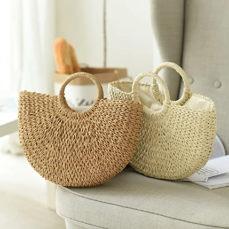 Handle bags with playful pom-poms for charm -Summer Top Handle Semi Circle Straw Bag