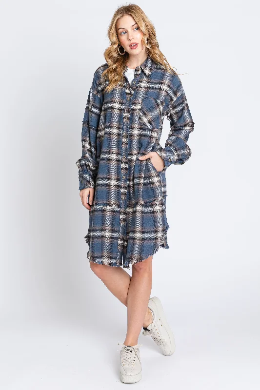 Blue Dresses for Classic -Blue Plaid Button Down Raw Hem Dress