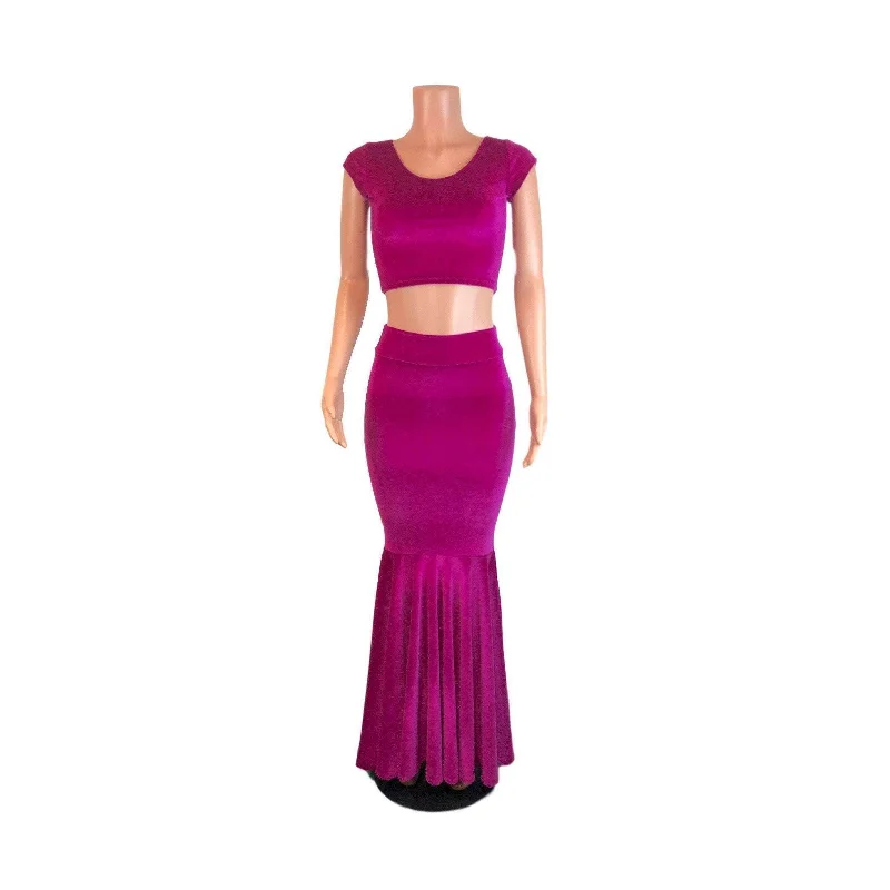 Classic skirts with subtle texture weave -Fuchsia Pink Velvet Morticia Outfit - Mermaid Long Fit n Flare Skirt and Cap Sleeve Crop Top