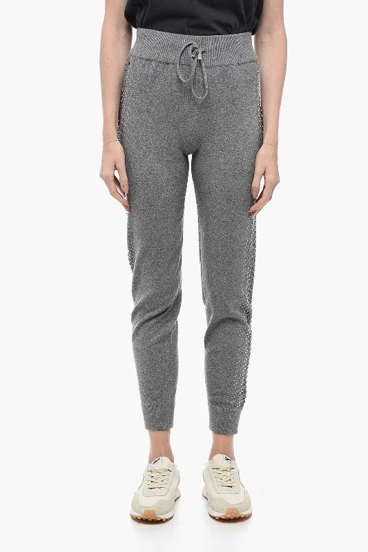 Casual tight trousers for women with comfy waistband and minimalistic style -Philipp Plein Knitted KELLY Joggers with Rhinestoned Detail