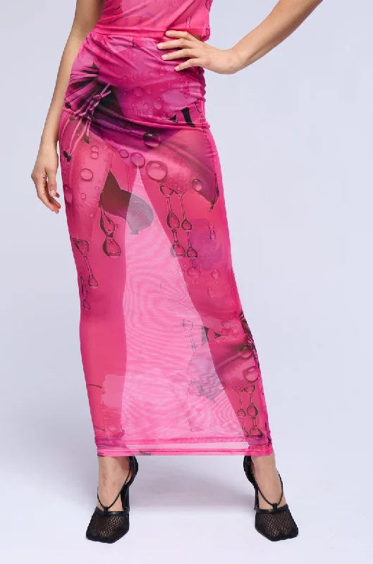 Patterned skirts for artistic standout appeal -FEMININE INSTINCTS MESH COLUMN MAXI SKIRT