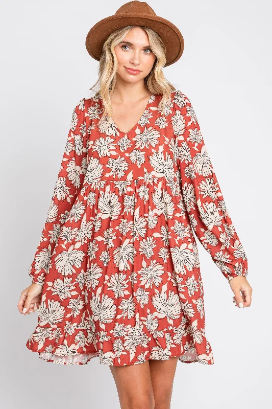 Beach Dresses for Coastal -Rust Floral V-Neck Long Sleeve Dress