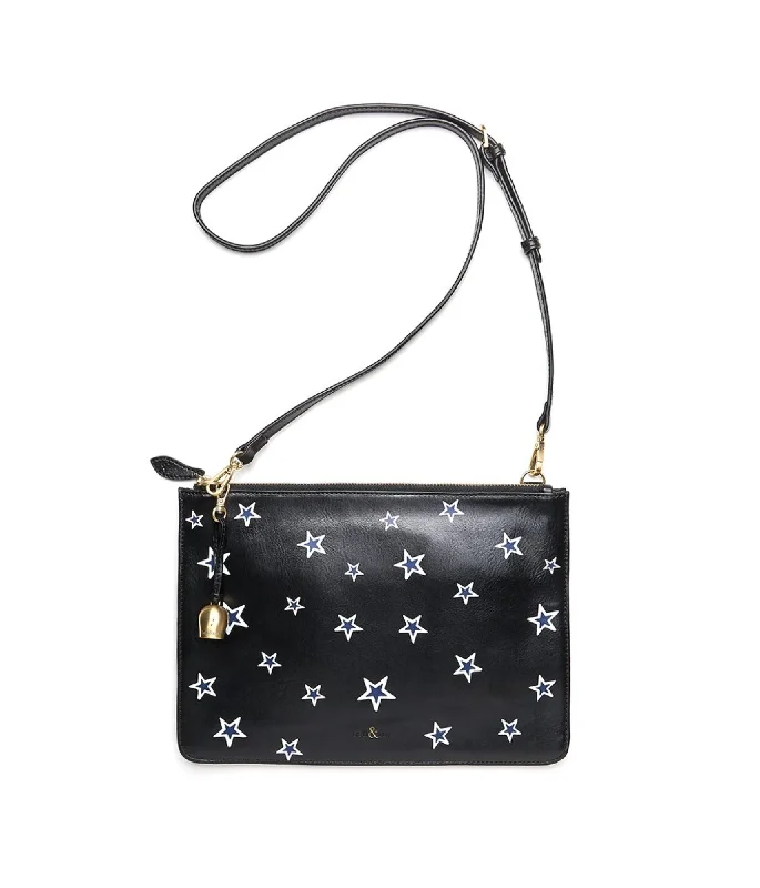 Handle bags with suede accents for texture -GIA Cross Body Bag / Oversize Clutch - Black Star Print