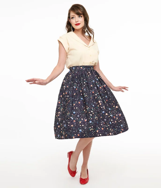 Casual skirts with relaxed fit comfort -Unique Vintage Space Print Gellar Swing Skirt