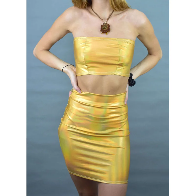 Luxury skirts with intricate embroidery accents -Gold Opal Iridescent Holographic Rave Outfit Skirt/Bandeau