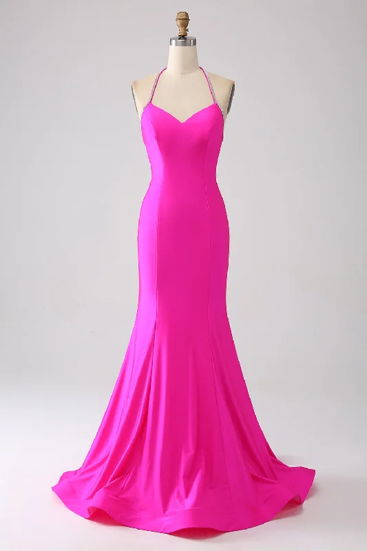 Sheath Dresses for Sophisticated -Fuchsia Mermaid Halter Neck Backless Long Prom Dress