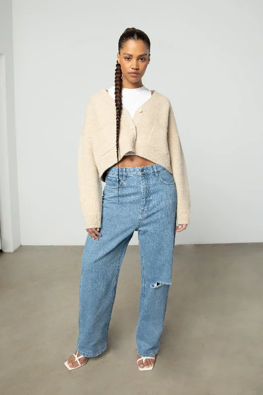 Ribbed - knit cardigan for a snug fit -OVERSIZED CROPPED CARDIGAN