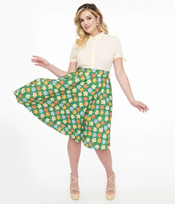 Trendy leather skirts for edgy modern looks -1950s Green Retro Floral Cotton Swing Skirt