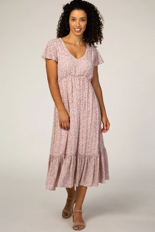 Anniversary Dresses for Special -Pink Dot Print Ruffle Midi Dress