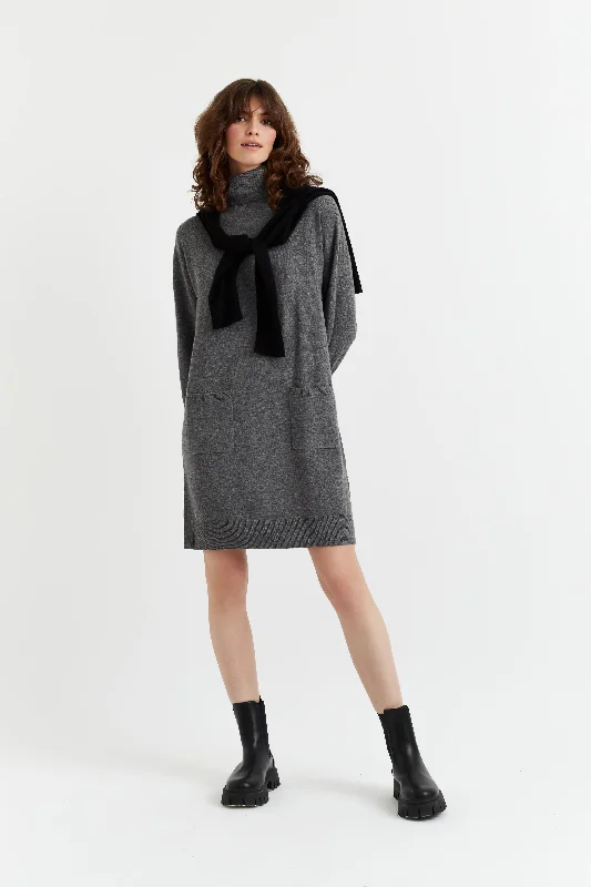 Animal Print Dresses for Fun -Grey Wool-Cashmere Rollneck Mini Dress