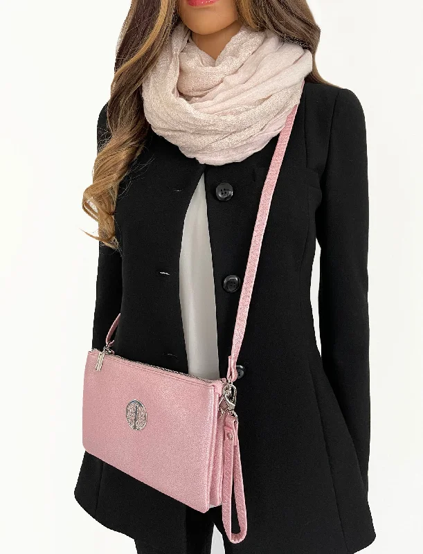 Handle bags with sturdy leather grip accents -LARGE MULTI-COMPARTMENT CROSS-BODY PURSE BAG WITH WRIST AND LONG STRAPS -  METALLIC PINK