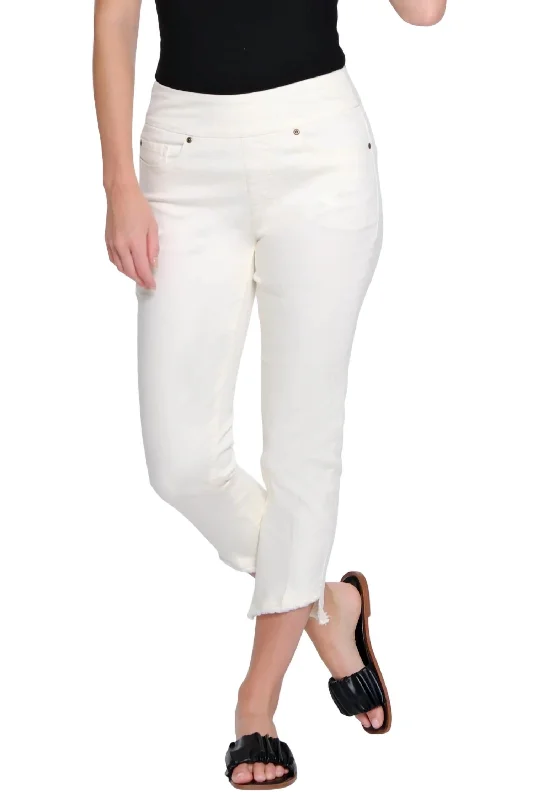 Fashion-forward tight trousers for women with metallic sheen and edgy design -5 Pocket Angled Fringe Hem Jeans In Ivory