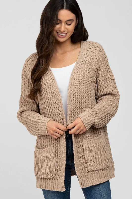 Khaki - cardigan for a casual and outdoorsy look -Taupe Ribbed Cable Knit Cardigan