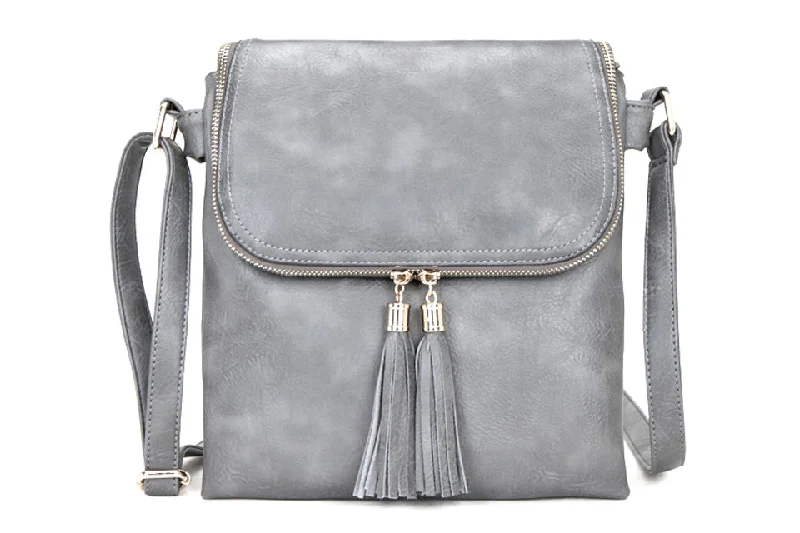 Handle bags with sturdy canvas for longevity -LARGE LIGHT GREY TASSEL MULTI COMPARTMENT CROSS BODY SHOULDER BAG WITH LONG STRAP