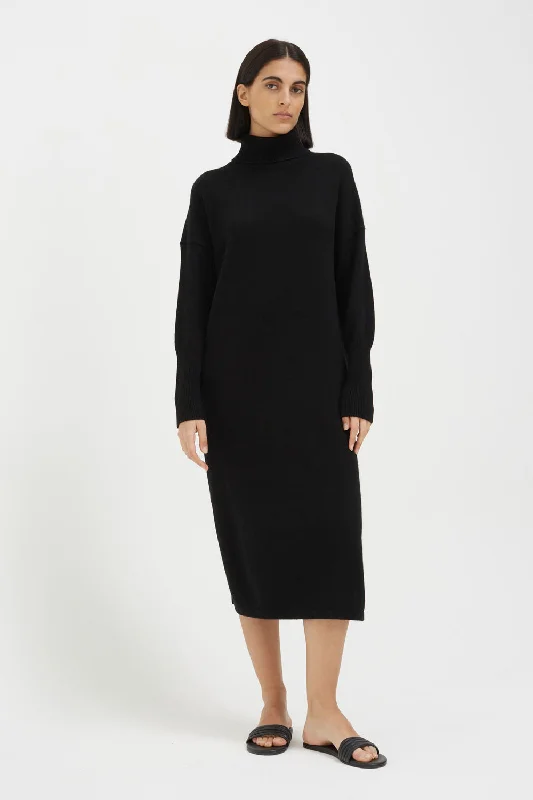 Green Dresses for Nature -Black Wool-Cashmere Rollneck Maxi Dress