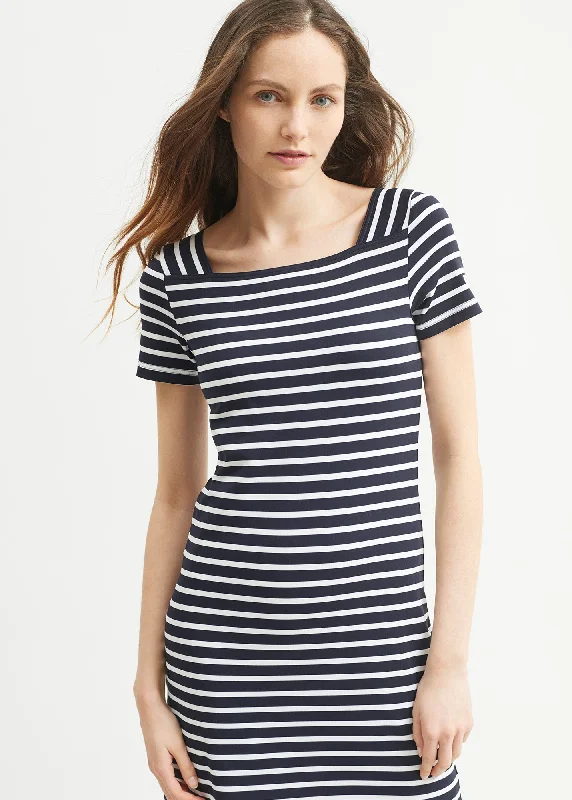 Pencil Dresses for Slimming -Tolède anti-UV striped dress - square neck, in recycled jersey (NAVY/NEIGE)