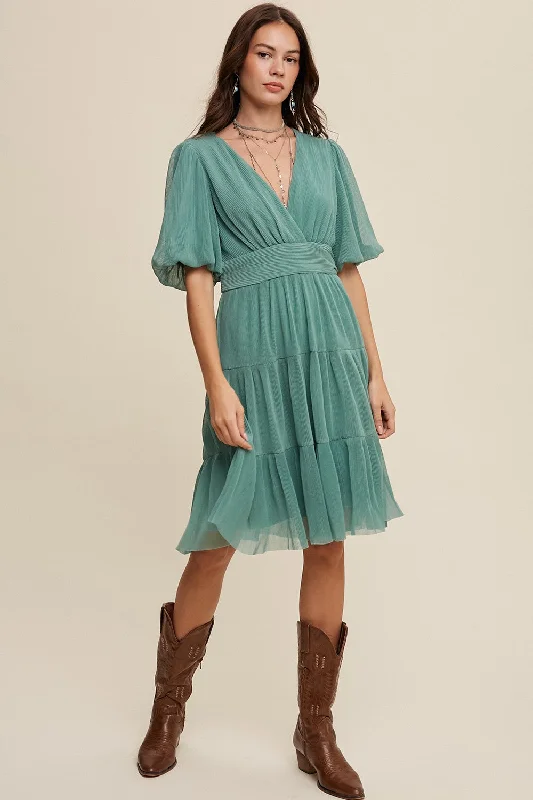 Leather Dresses for Luxury -Sage V-Neck Pleated Mesh Cinched Waist Midi Dress