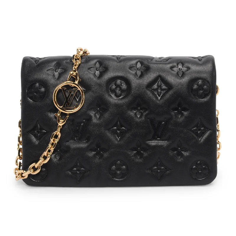 Handle bags with woven fabric for texture -Louis Vuitton Black Monogram Lambskin Coussin Pochette