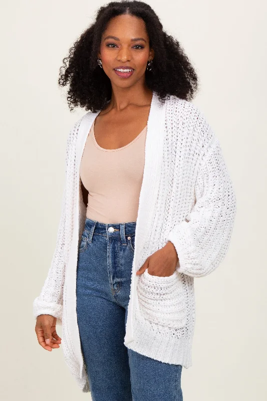 Mother's - Day cardigan for a thoughtful gift -Cream Chunky Knit Oversized Pocket Cardigan