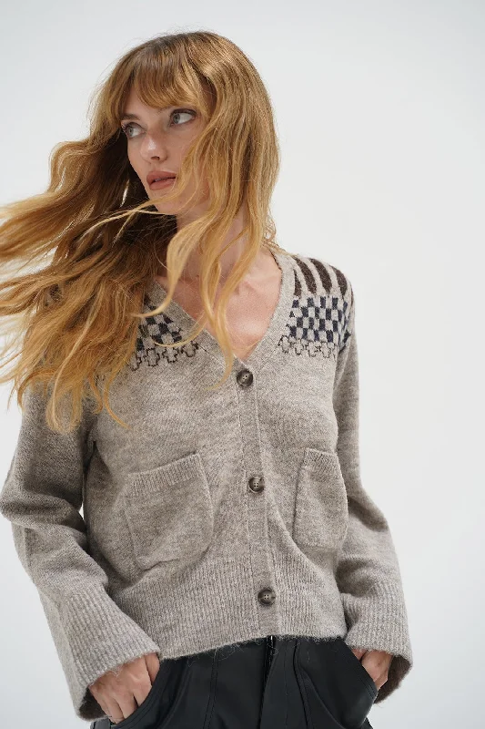 Machine - knitted cardigan for durability -Raina Fair Isle Cardigan - Heather Beige