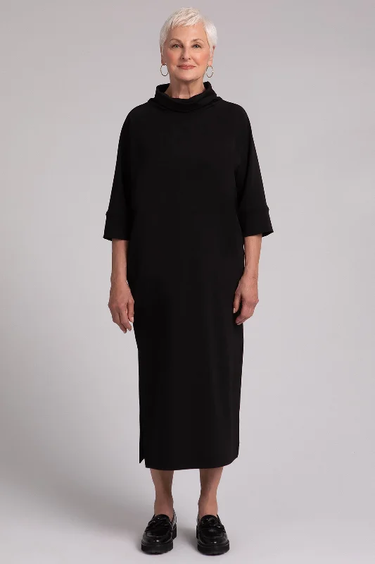 Minimalist Dresses for Simplicity -Fleece Back Jersey Cozy Raglan Funnel Neck Dress | Black