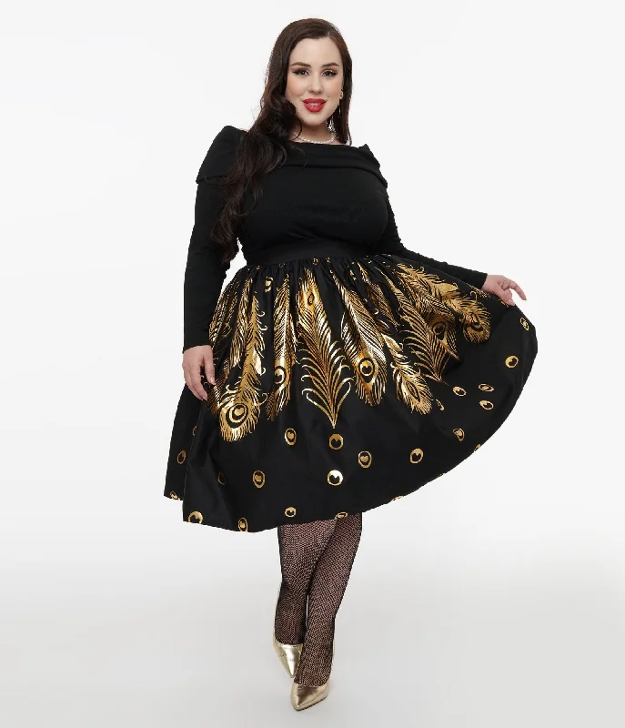 Ruffled skirts for feminine playful charm -Unique Vintage Plus Size 1950s Black & Gold Foil Feather Gellar Swing Skirt