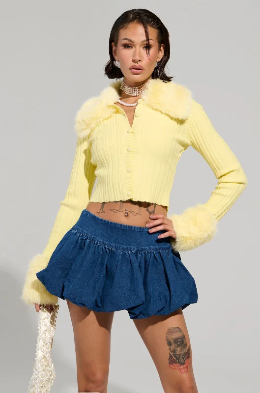 Beaded cardigan for a glamorous effect -ANGEL EYES FUR TRIM CARDIGAN IN YELLOW