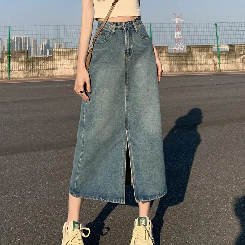 Pleated skirts for sophisticated evening wear -High-Waist Retro Denim Slit Skirt