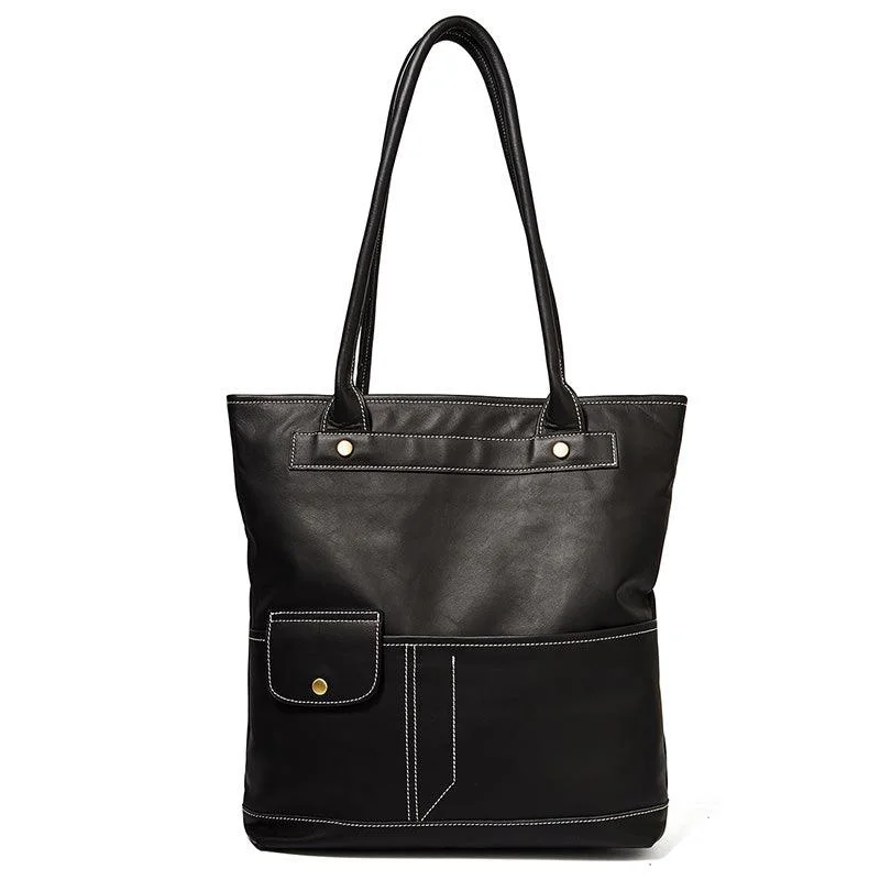 Handle bags with woven fabric for texture -Real Leather Black Tote