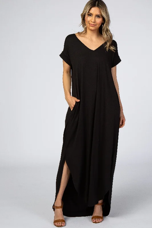 Off-shoulder Dresses for Feminine -Black Side Slit Maxi Dress