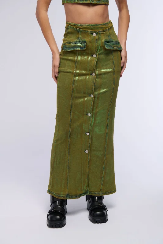 Designer mini skirts for high-end appeal -SHES GLOWING METALLIC DENIM MAXI SKIRT