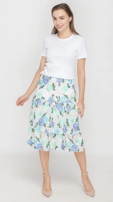 Ruffled skirts with lace trim softness -Ruffle Skirt - White Blue Floral Lace