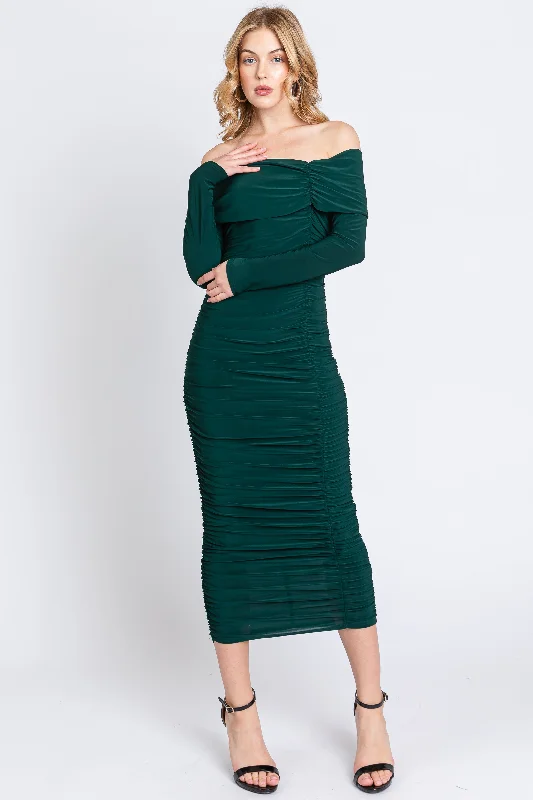 Ball Gown Dresses for Glamour -Forest Green Off Shoulder Mesh Ruched Midi Dress