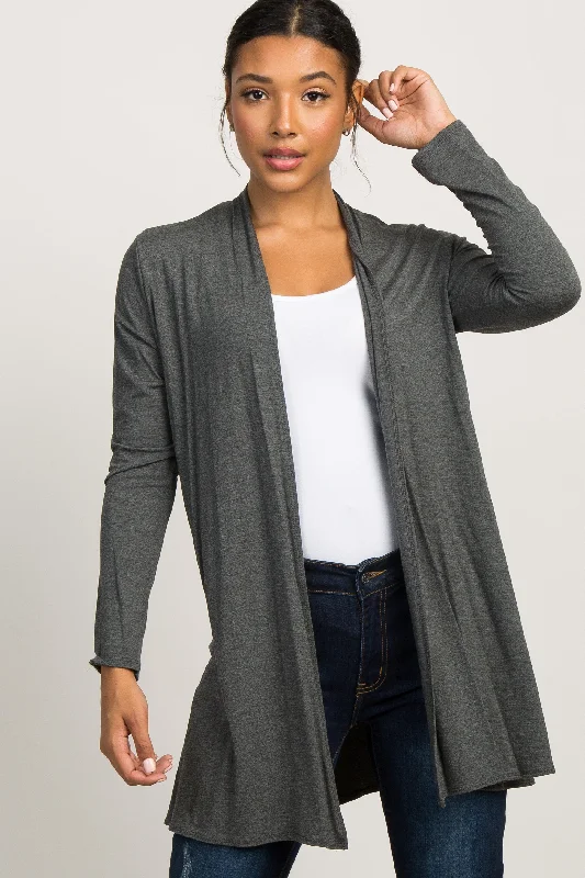 V - neck cardigan to elongate the neck -Charcoal Grey Solid Long Sleeve Cardigan